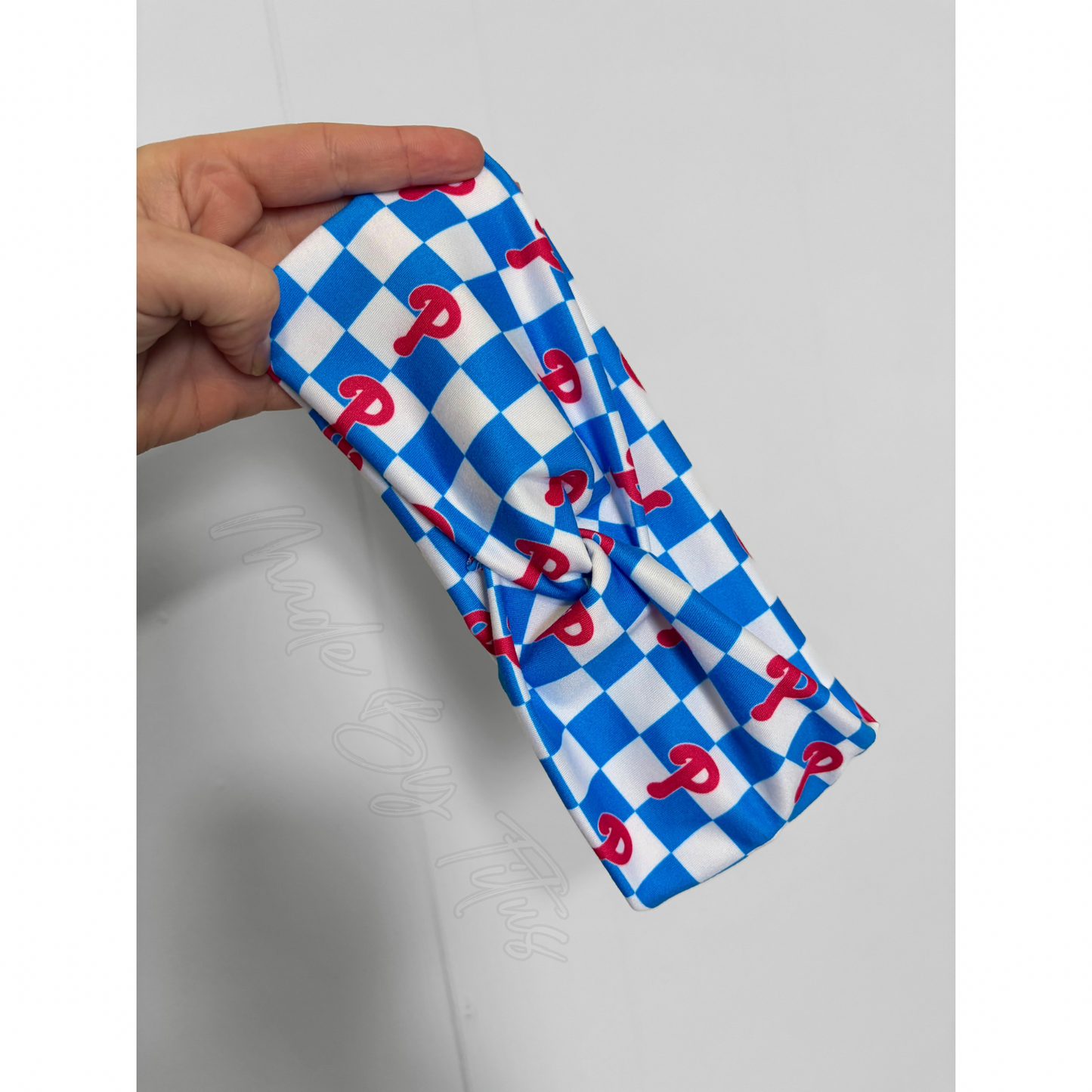 Blue Checkered Red P Headband